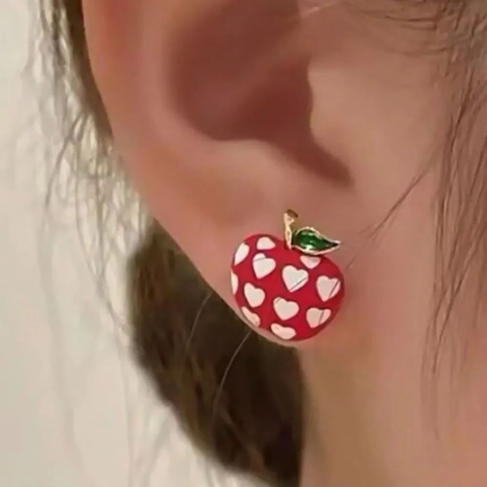 3for$20 NWT 1pair Metal Red Apple Shape & Oil Drop White Love Pattern Stud